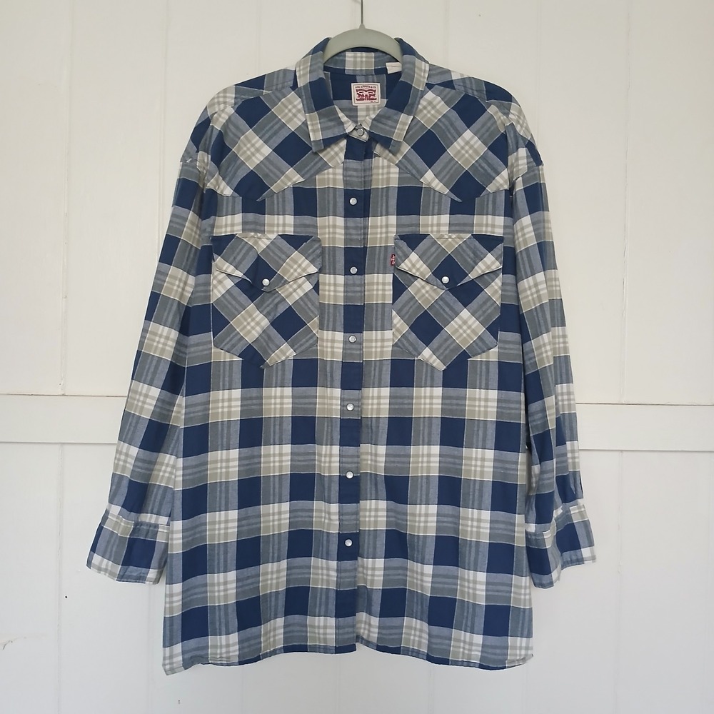 Levi's Shirt Dylan Oversized Western Pearl Snap Flannel Women's XL Blue Plaid LS